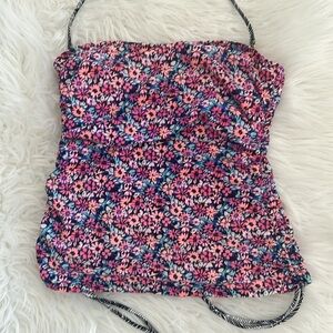 Raisins pink ruched floral tankini top bathing suit size medium blue pink black